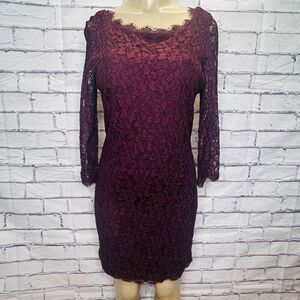Diane Von Furstenberg Women's Burgundy Lace Zip-Back Sheath Dress Size 12